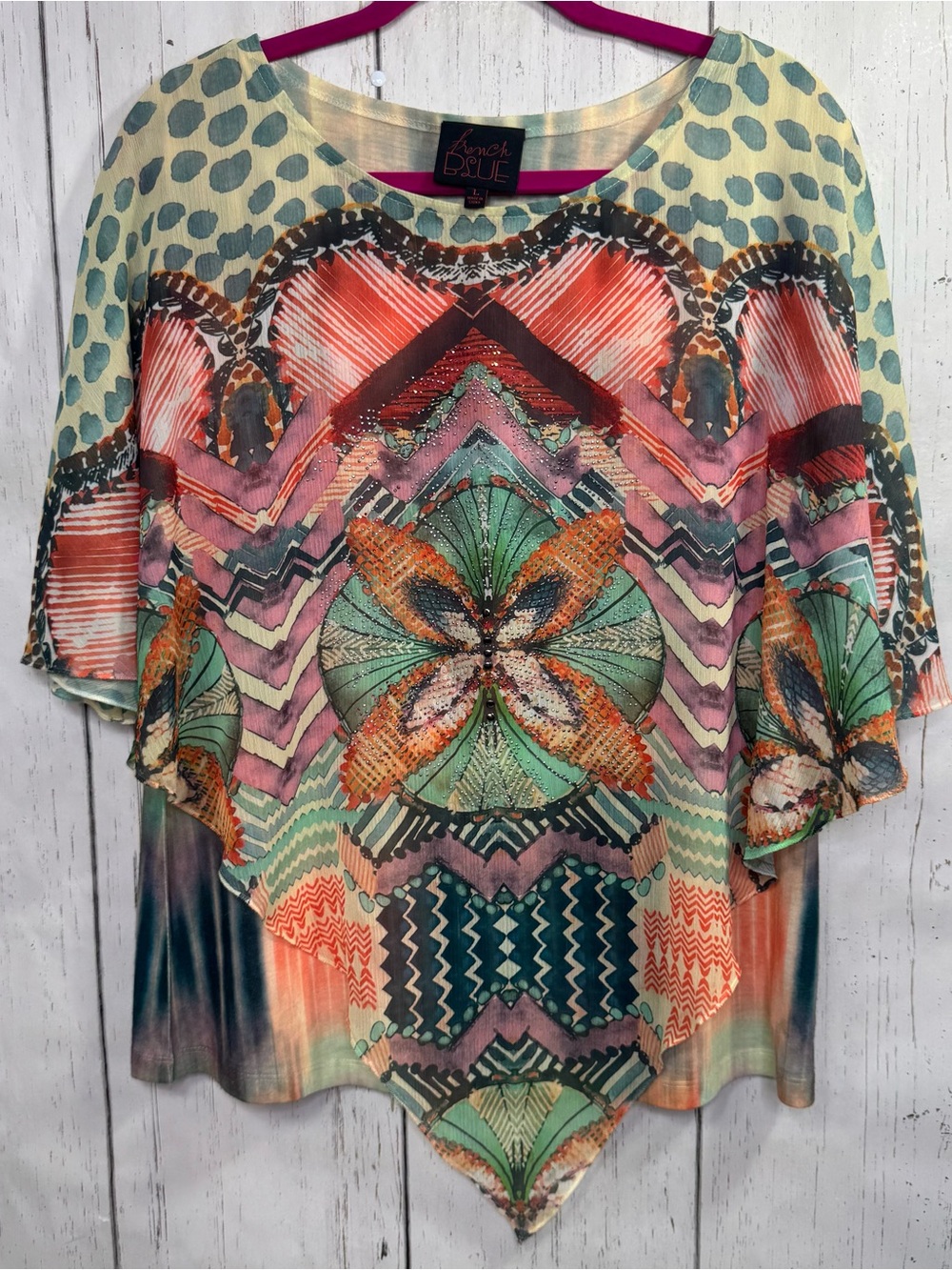 French Blue Abstract Butterfly Embellished Handkerchief Hem Top Boho Festival L